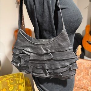 Black leather Ruffled Shoulder Bag